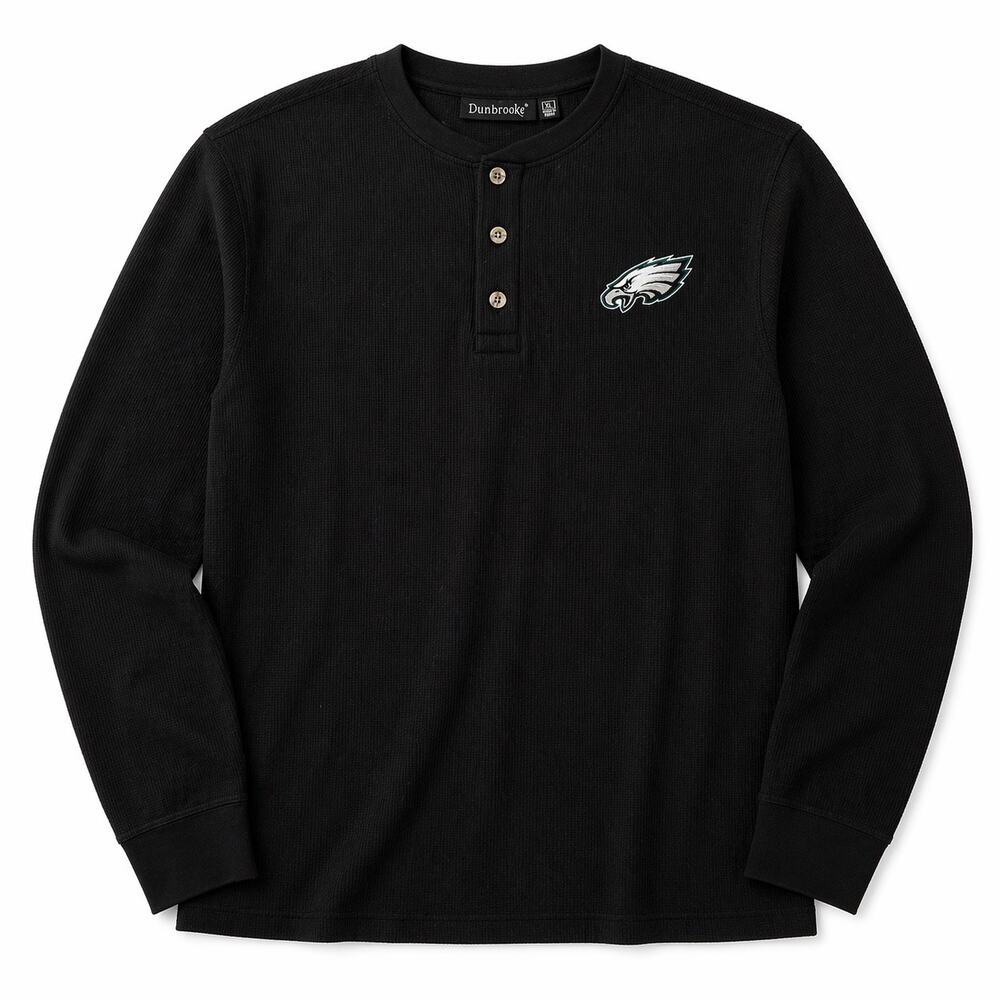 Dunbrooke Philadelphia Eagles Waffle Knit Henley Shirt Mens XL Black NFL